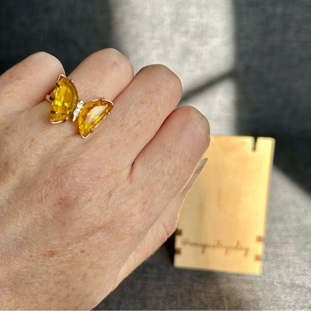 Pretty YELLOW Butterfly Gemstone Fashion Ring, Gold, Adjustable